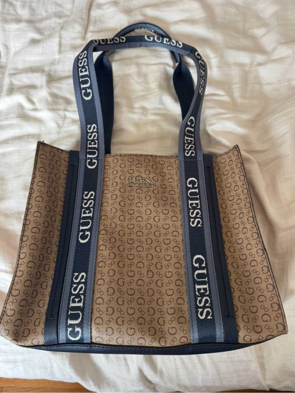 GUESS Monogram Tote with Navy Logo Straps